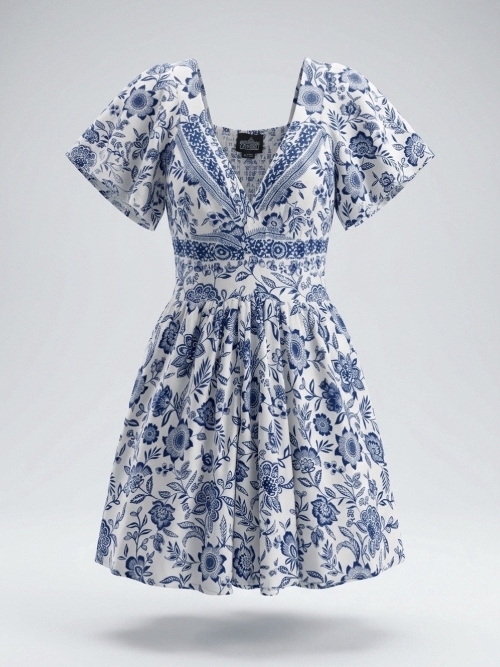 "Angie" Porcelain Floral Dress – Smocked Bodice - Size Lg - EUC